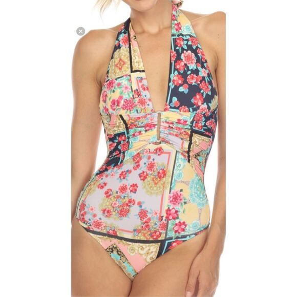 NWT- JOHNNY WAS JAPER PLUNGE ONE PIECE SWIMSUIT-SIZE SMALL- COLORFUL PATCHWORK P - Picture 5 of 16